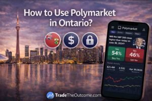 How to use Polymarket in Ontario infographic showing Toronto skyline with CN Tower, a smartphone displaying Polymarket app interface, and Tradetheoutcome.com watermark in a clean modern design