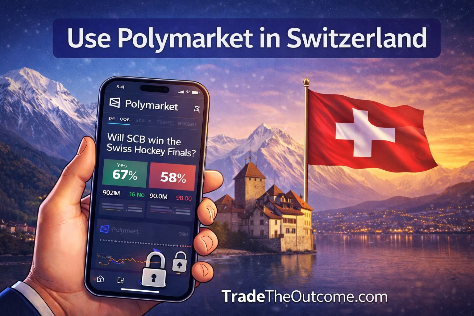 Use Polymarket in Switzerland infographic showing Swiss Alps, lake and village scenery with Swiss flag, a smartphone displaying Polymarket app interface, and Tradetheoutcome.com watermark in a clean modern design