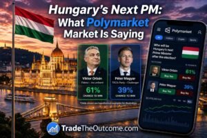 Hungary next PM Polymarket market infographic showing Hungary parliament building and national flag, a smartphone displaying Polymarket prediction market interface, and Tradetheoutcome.com watermark in a clean news-style design