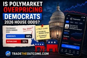 Is Polymarket overpricing Democrats 2026 House odds infographic showing US Capitol and political chart background, a smartphone displaying Polymarket prediction market data, and Tradetheoutcome.com watermark in a clean news-style design