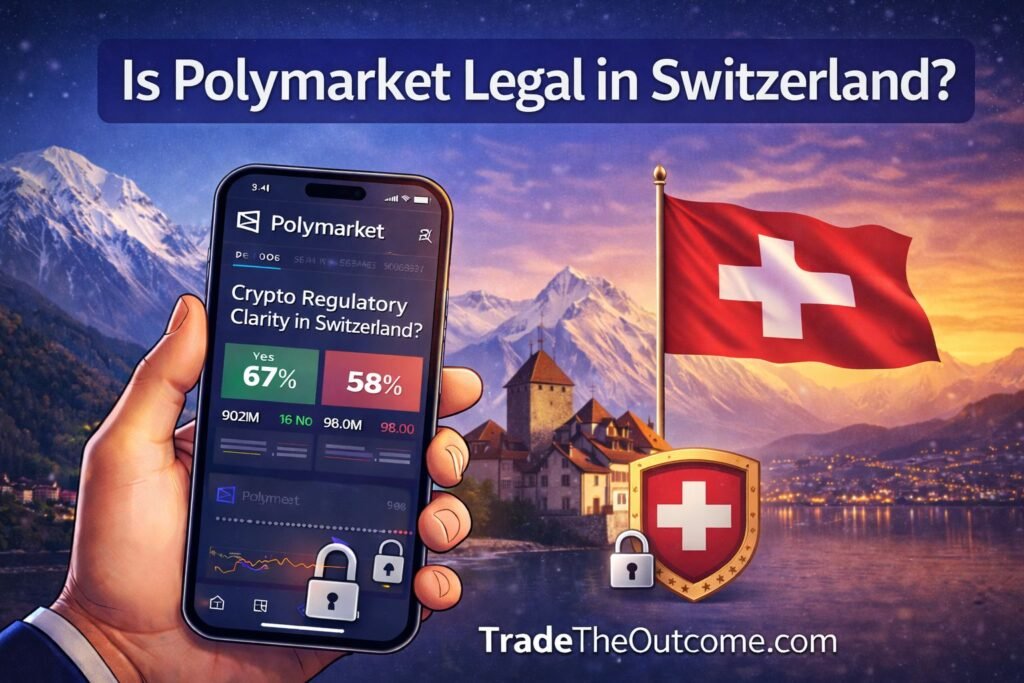 Polymarket legal in Switzerland infographic showing Swiss Alps and lakeside village with Swiss flag and shield, a smartphone displaying Polymarket app interface, and Tradetheoutcome.com watermark in a clean modern design