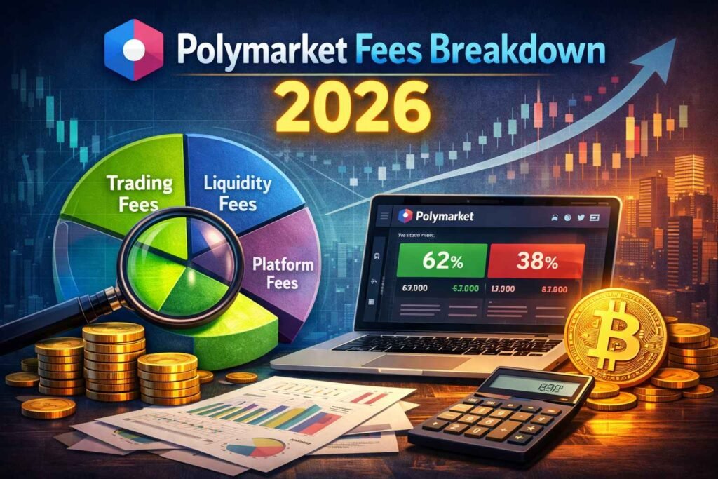 Polymarket Fees Breakdown 2026 infographic showing a pie chart of trading, liquidity, and platform fees, with a smartphone displaying market odds, cryptocurrency icons, and financial charts in a modern digital trading environment