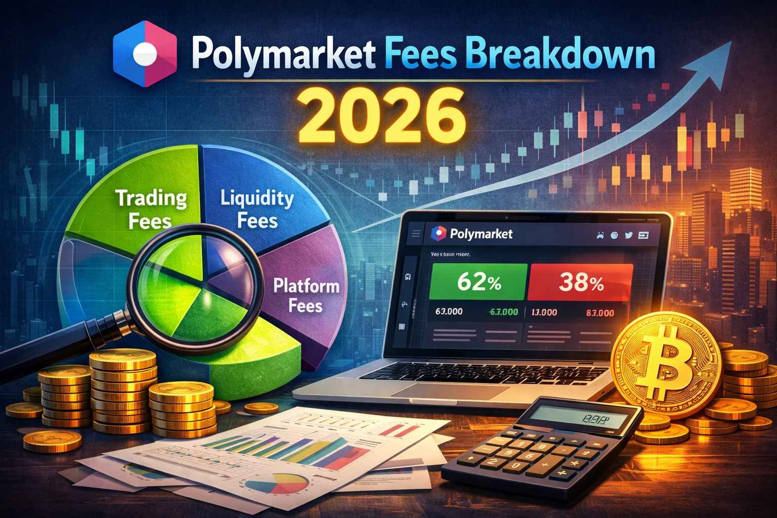 Polymarket Fees Breakdown 2026 infographic showing a pie chart of trading, liquidity, and platform fees, with a smartphone displaying market odds, cryptocurrency icons, and financial charts in a modern digital trading environment