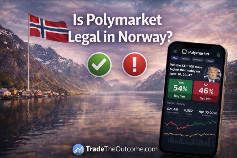 Is Polymarket legal in Norway infographic showing Norwegian fjords and village scenery with Norway flag, a smartphone displaying Polymarket app interface, and Tradetheoutcome.com watermark in a clean news-style design