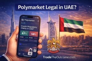 Polymarket legal in UAE infographic showing Dubai skyline with Burj Khalifa, UAE flag, and a smartphone displaying Polymarket app interface with prediction market data, plus Tradetheoutcome.com watermark