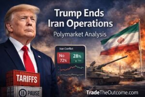 Trump ends Iran operations infographic showing Donald Trump with Iran flag and military background, subtle market chart elements, and Tradetheoutcome.com watermark in a clean news-style design