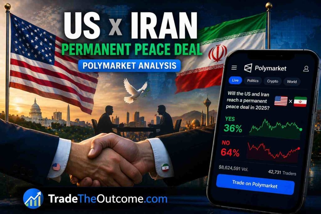 US Iran permanent peace deal Polymarket analysis infographic showing US and Iran flags with diplomatic handshake concept, subtle geopolitical background and market chart elements, and Tradetheoutcome.com watermark in a clean news-style design
