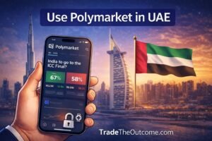 Use Polymarket in UAE infographic showing Dubai skyline with Burj Khalifa and UAE flag, a smartphone displaying Polymarket app interface, and Tradetheoutcome.com watermark in a clean modern design