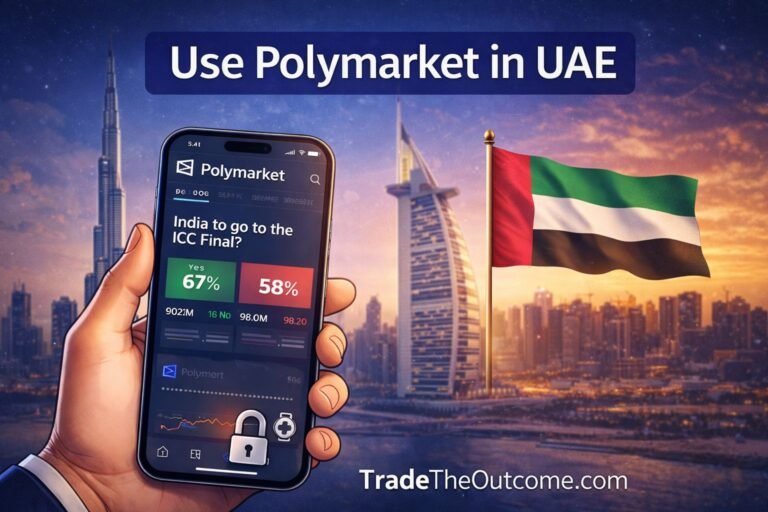 Use Polymarket in UAE infographic showing Dubai skyline with Burj Khalifa and UAE flag, a smartphone displaying Polymarket app interface, and Tradetheoutcome.com watermark in a clean modern design