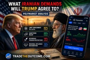 What Iranian demands will Trump agree to Polymarket analysis infographic showing US and Iran leaders with national flags, geopolitical negotiation concept, a smartphone displaying Polymarket prediction market data, and Tradetheoutcome.com watermark in a clean news-style design