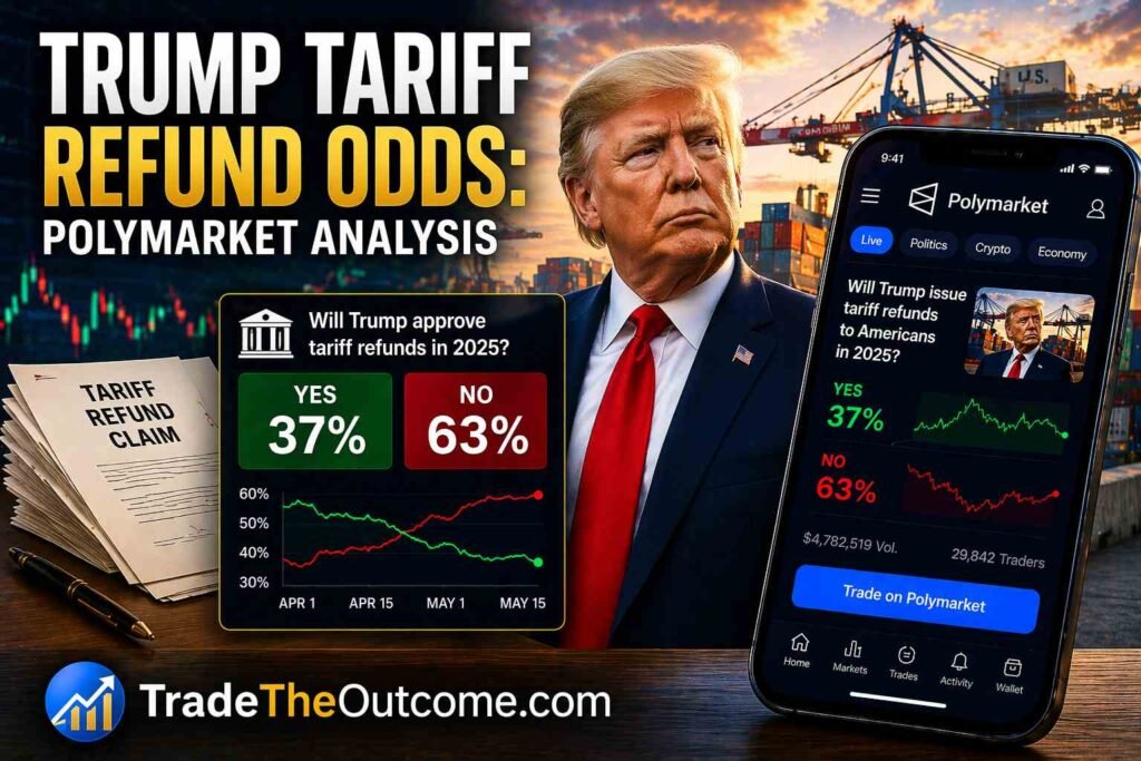 Trump tariff refund odds Polymarket analysis infographic showing Donald Trump with shipping containers and trade backdrop, a smartphone displaying Polymarket prediction market data, and Tradetheoutcome.com watermark in a clean news-style design