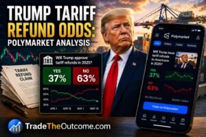 Trump tariff refund odds Polymarket analysis infographic showing Donald Trump with shipping containers and trade backdrop, a smartphone displaying Polymarket prediction market data, and Tradetheoutcome.com watermark in a clean news-style design