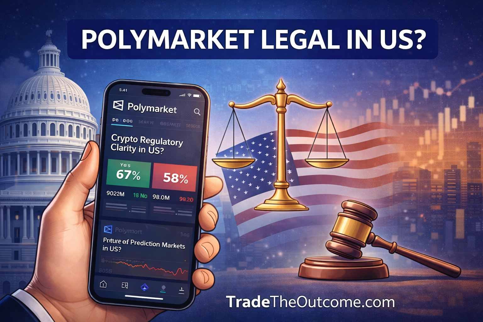 Is Polymarket legal in the US infographic showing the US Capitol, American flag, legal scales and gavel, with a smartphone displaying Polymarket prediction market data and Tradetheoutcome.com watermark