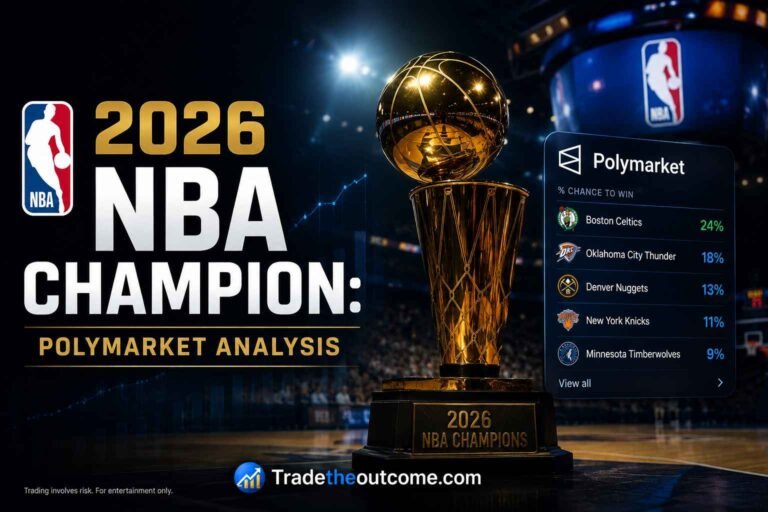 2026 NBA champion Polymarket analysis infographic showing NBA championship trophy inside a basketball arena, subtle prediction market odds panel, cinematic sports lighting, and Tradetheoutcome.com watermark in a clean editorial-style design