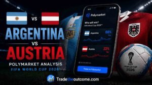 Argentina vs Austria Polymarket analysis FIFA World Cup 2026 showing Argentina and Austria football matchup, Polymarket prediction market interface with match odds, football stadium lighting, national team visuals, and FIFA World Cup ball and trophy elements