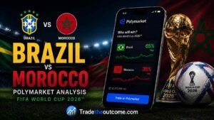 Brazil vs Morocco Polymarket analysis FIFA World Cup 2026 showing Brazil and Morocco football matchup, Polymarket prediction market interface with match odds, cinematic stadium lighting, national team visuals, and FIFA World Cup trophy and football elements