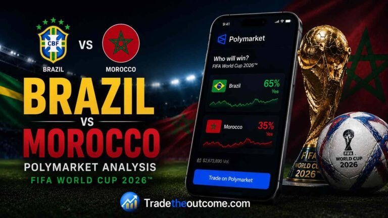 Brazil vs Morocco Polymarket analysis FIFA World Cup 2026 showing Brazil and Morocco football matchup, Polymarket prediction market interface with match odds, cinematic stadium lighting, national team visuals, and FIFA World Cup trophy and football elements