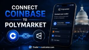 Connect Coinbase to Polymarket infographic showing Coinbase and Polymarket logos linked with a glowing connection chain, a smartphone displaying wallet connection interface, dark fintech background, and Tradetheoutcome.com watermark in a clean editorial-style design