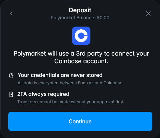 steps showing Connect Coinbase to Polymarket step 3