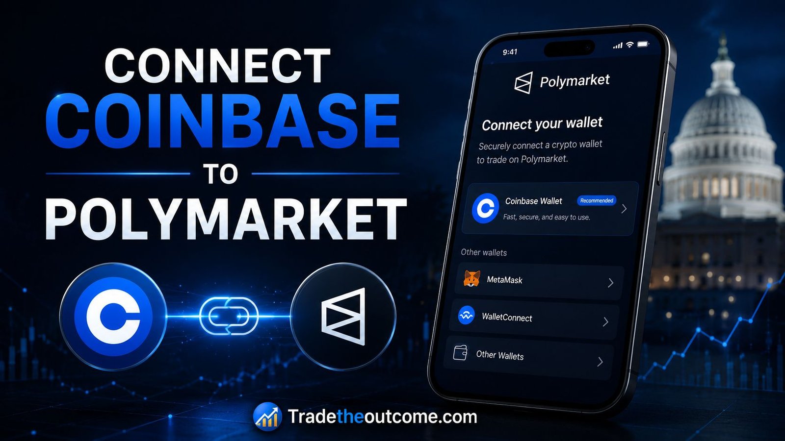 Connect Coinbase to Polymarket infographic showing Coinbase and Polymarket logos linked with a glowing connection chain, a smartphone displaying wallet connection interface, dark fintech background, and Tradetheoutcome.com watermark in a clean editorial-style design