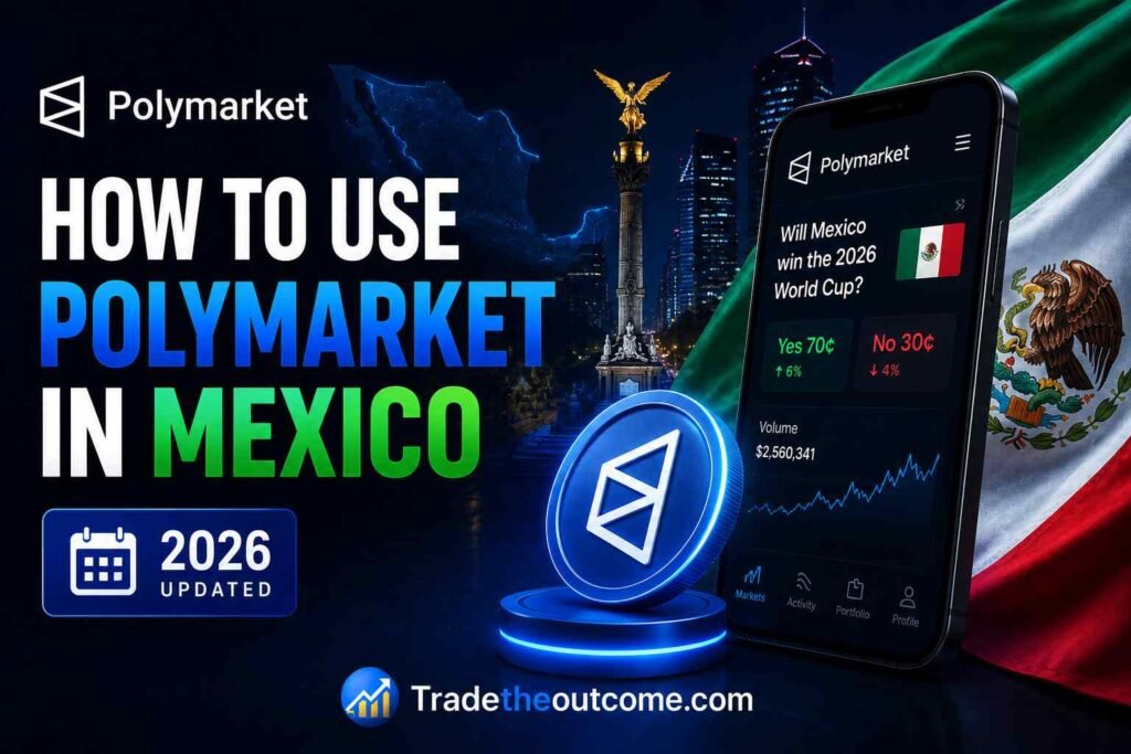 How to use Polymarket in Mexico 2026 updated infographic showing Mexico landmarks and national flag, a smartphone displaying Polymarket app interface, cinematic fintech lighting, and Tradetheoutcome.com watermark in a clean editorial-style design