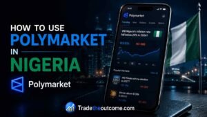 How to use Polymarket in Nigeria infographic showing Nigeria skyline and national flag, a smartphone displaying Polymarket app interface, cinematic fintech lighting, dark editorial background, and Tradetheoutcome.com watermark