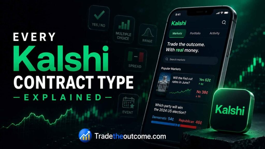 Every Kalshi contract type explained infographic showing Kalshi trading app interface with subtle contract-type icons, cinematic green fintech lighting, market chart background, and Tradetheoutcome.com watermark in a clean editorial-style design