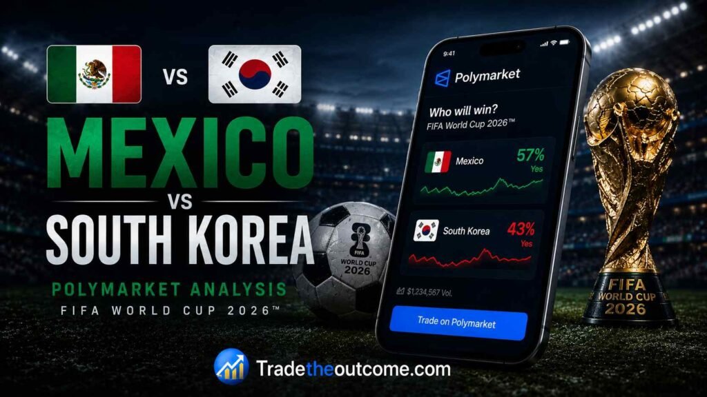 Mexico vs South Korea Polymarket analysis FIFA World Cup 2026 infographic showing football stadium matchup with Mexico and South Korea national team visuals, Polymarket prediction market interface, World Cup trophy, cinematic sports lighting, and Tradetheoutcome.com watermark in a clean Google Discover–friendly design