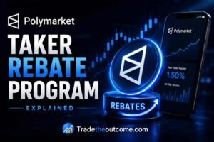 Polymarket taker rebate program explained infographic showing glowing rebate coin with Polymarket branding, subtle trading chart background, smartphone interface, cinematic blue fintech lighting, and Tradetheoutcome.com watermark in a clean editorial-style design