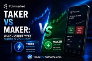 Polymarket taker vs maker which order type should you use infographic showing taker and maker trading concept with subtle market chart background, smartphone trading interface, cinematic fintech lighting, and Tradetheoutcome.com watermark in a clean editorial-style design