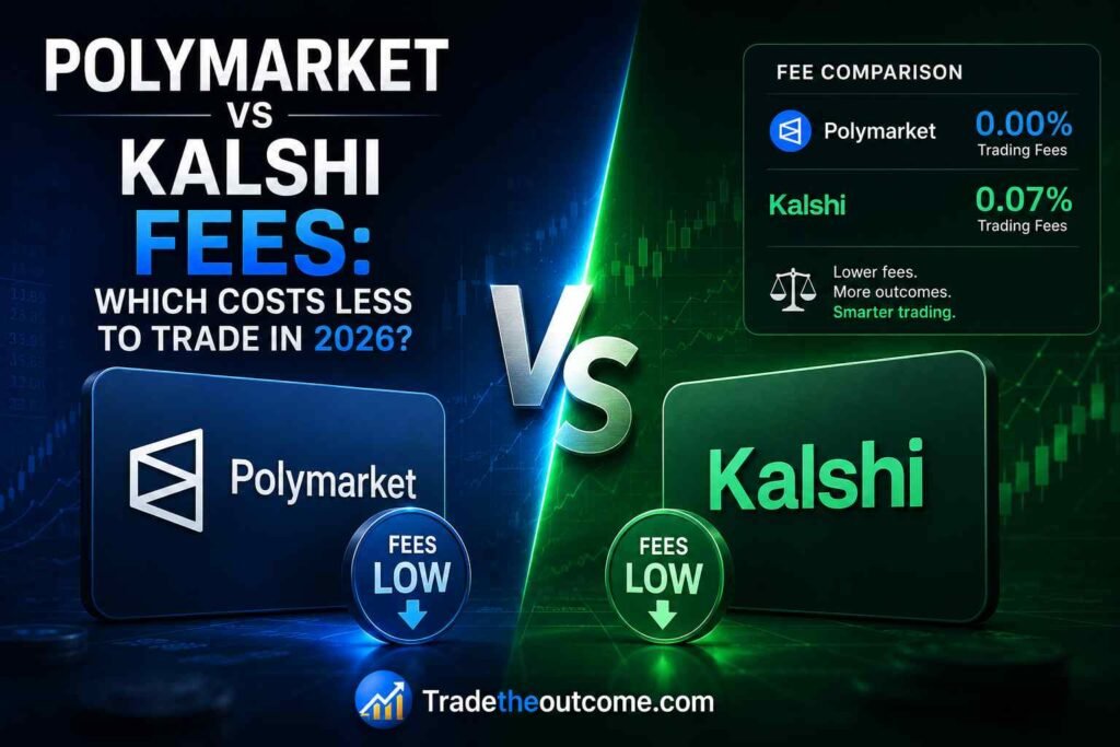 Polymarket vs Kalshi fees which costs less to trade in 2026 infographic showing side-by-side trading platform comparison, subtle fintech market charts, platform logos, and Tradetheoutcome.com watermark in a clean editorial-style design