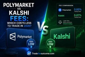 Polymarket vs Kalshi fees which costs less to trade in 2026 infographic showing side-by-side trading platform comparison, subtle fintech market charts, platform logos, and Tradetheoutcome.com watermark in a clean editorial-style design