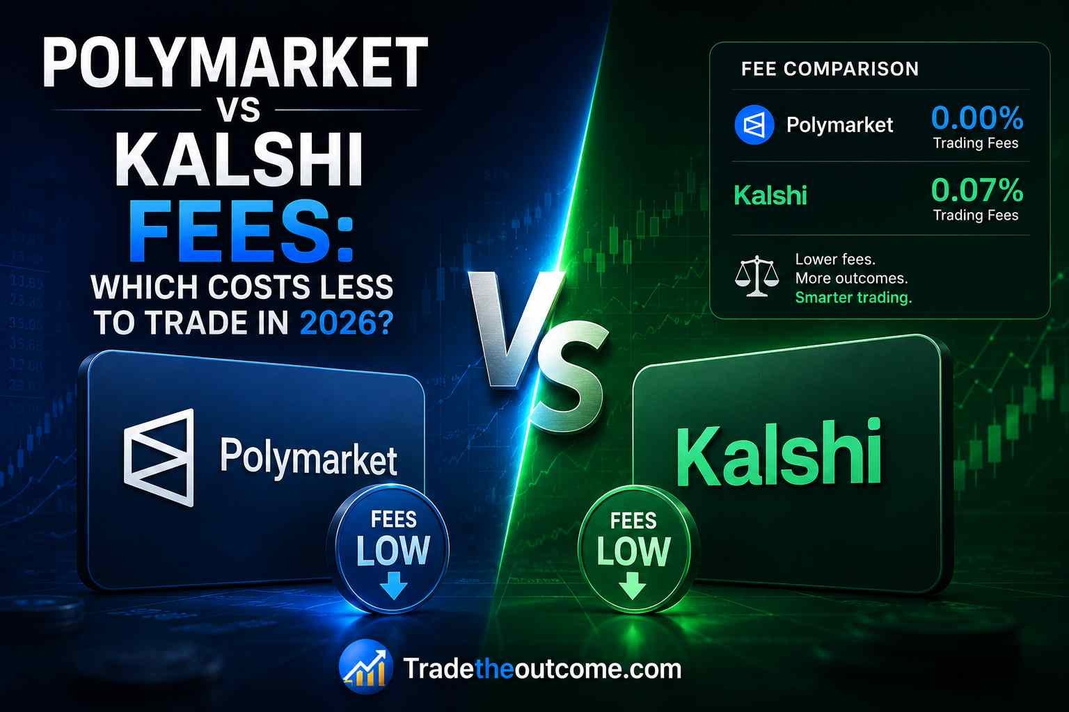 Polymarket vs Kalshi fees which costs less to trade in 2026 infographic showing side-by-side trading platform comparison, subtle fintech market charts, platform logos, and Tradetheoutcome.com watermark in a clean editorial-style design