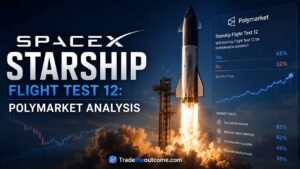 SpaceX Starship Flight Test 12 Polymarket analysis infographic showing Starship rocket launch with cinematic space backdrop, subtle prediction market data overlay, and Tradetheoutcome.com watermark in a clean editorial-style design