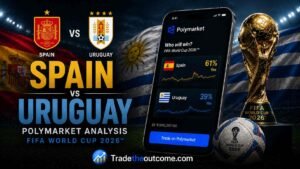 Spain vs Uruguay Polymarket analysis FIFA World Cup 2026 showing Spain and Uruguay football matchup, Polymarket prediction market interface with match odds, cinematic stadium lighting, national team visuals, and FIFA World Cup trophy and football elements