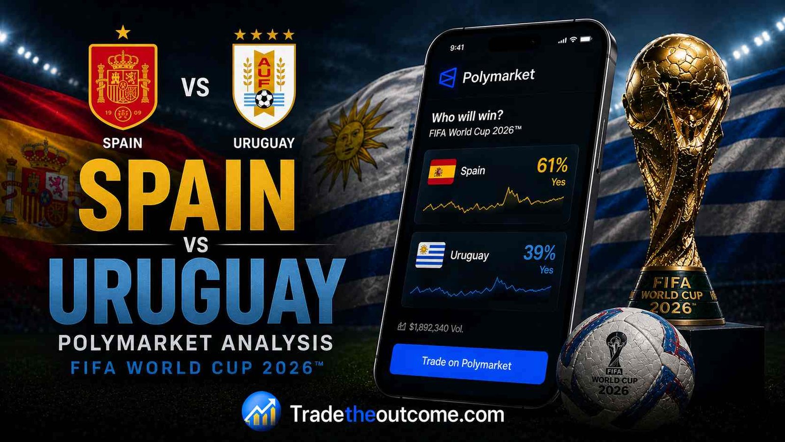 Spain vs Uruguay Polymarket analysis FIFA World Cup 2026 showing Spain and Uruguay football matchup, Polymarket prediction market interface with match odds, cinematic stadium lighting, national team visuals, and FIFA World Cup trophy and football elements
