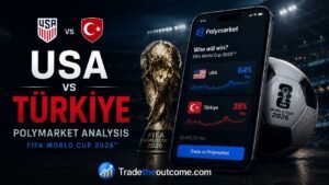 USA vs Türkiye Polymarket analysis FIFA World Cup 2026 infographic showing football stadium scene with national team matchup, Polymarket prediction market interface, World Cup trophy, cinematic sports lighting, and Tradetheoutcome.com watermark in a clean Google Discover–friendly design