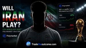 Will Iran play FIFA World Cup 2026 Polymarket analysis infographic showing Iran football team silhouette with Iranian flag backdrop, Polymarket prediction market interface, World Cup trophy, cinematic stadium lighting
