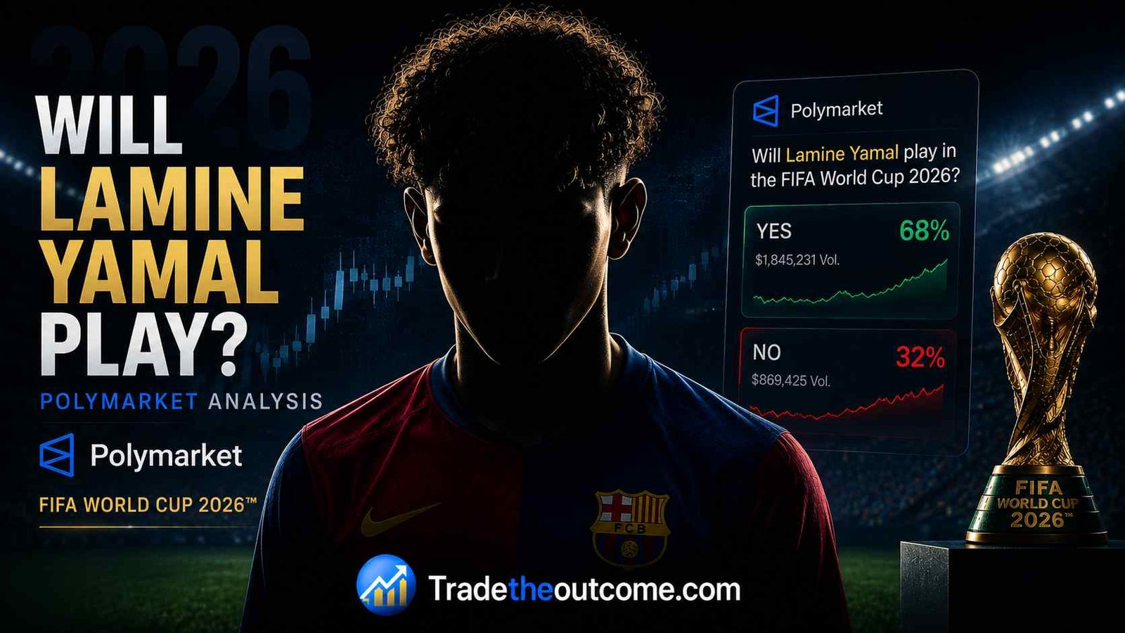 Will Lamine Yamal play Polymarket analysis FIFA World Cup 2026 infographic showing a mysterious shadowed footballer silhouette in a Spain-inspired jersey, subtle Polymarket prediction market interface, World Cup trophy, cinematic stadium lighting, dark premium editorial background