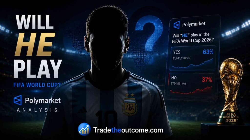 Will HE play FIFA World Cup Polymarket analysis infographic showing a mysterious shadowed footballer silhouette in a stadium, subtle Argentina-inspired jersey elements, Polymarket prediction market interface, World Cup trophy, cinematic sports lighting, dark premium editorial background, and Tradetheoutcome.com watermark in a clean