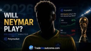 Will Neymar play Polymarket analysis FIFA World Cup 2026 infographic showing a mysterious shadowed footballer silhouette in a Brazil-inspired jersey, subtle Polymarket prediction market interface, World Cup trophy, cinematic stadium lighting, dark premium editorial background, and Tradetheoutcome.com watermark in a clean Google Discover–friendly design